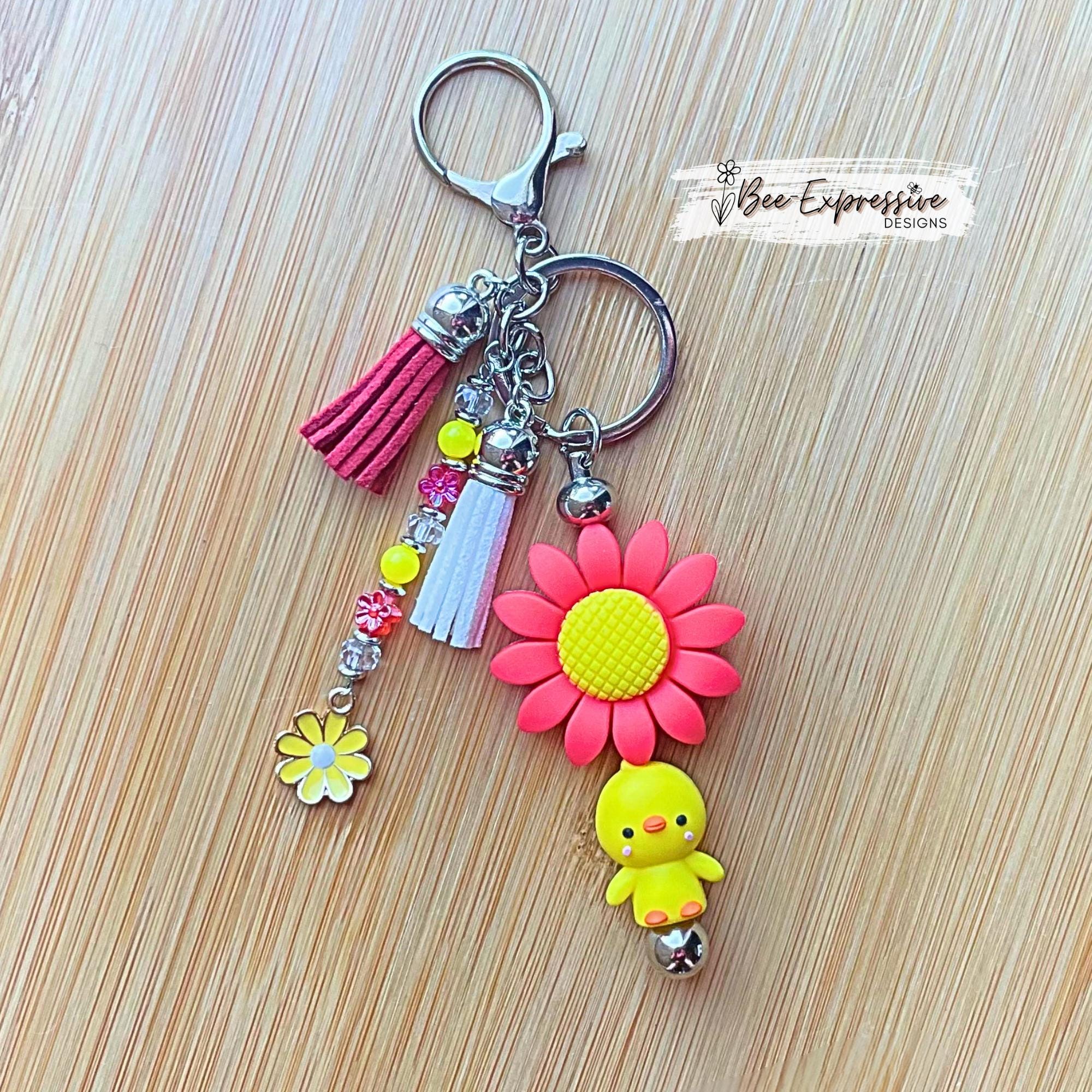Handmade, silicone 3D DUCK & SUNFLOWER keychain! Lobster clasp, bead bar, acrylic beaded tassel with square beads and a yellow daisy charm!