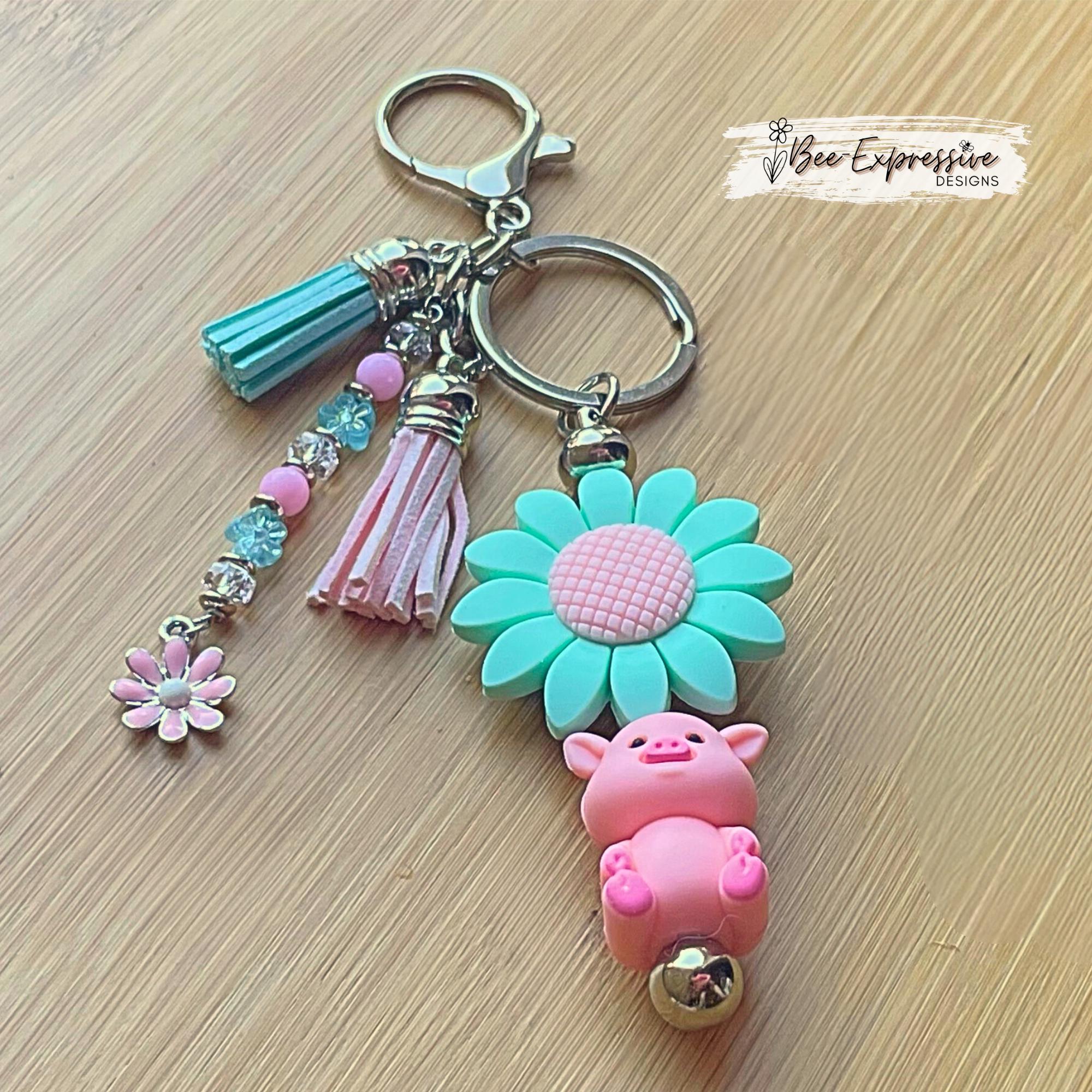 Handmade, silicone 3D PIG & SUNFLOWER keychain! Lobster clasp, bead bar, alloy, acrylic, beaded tassel with flowers, pink daisy flower charm