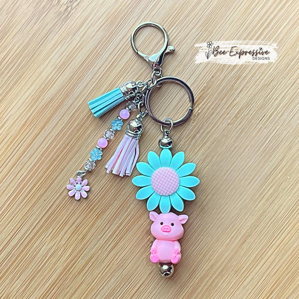 Handmade, silicone 3D PIG & SUNFLOWER keychain! Lobster clasp, bead bar, alloy, acrylic, beaded tassel with flowers, pink daisy flower charm