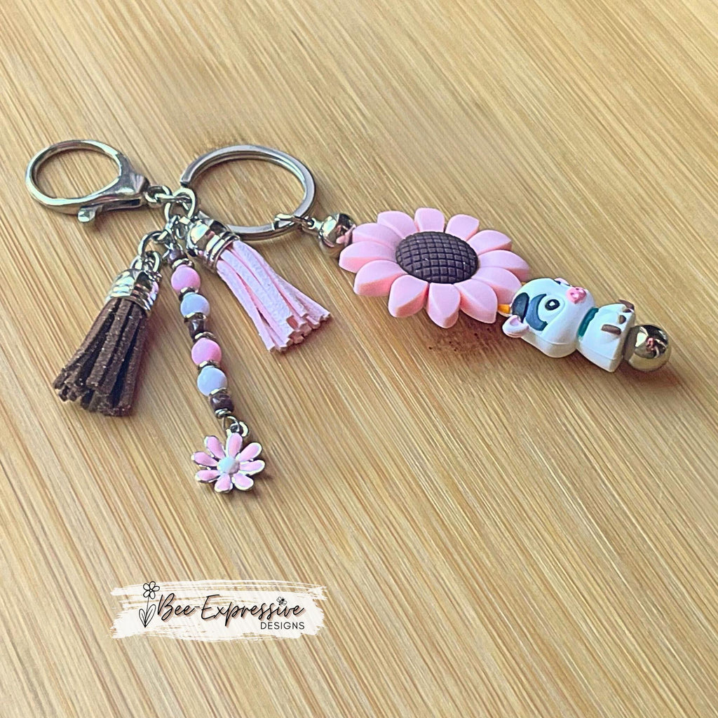 Handmade, silicone 3D COW & pink SUNFLOWER bead keychain! Lobster clasp, bead bar, acrylic beads, beaded tassel with pink daisy charm!