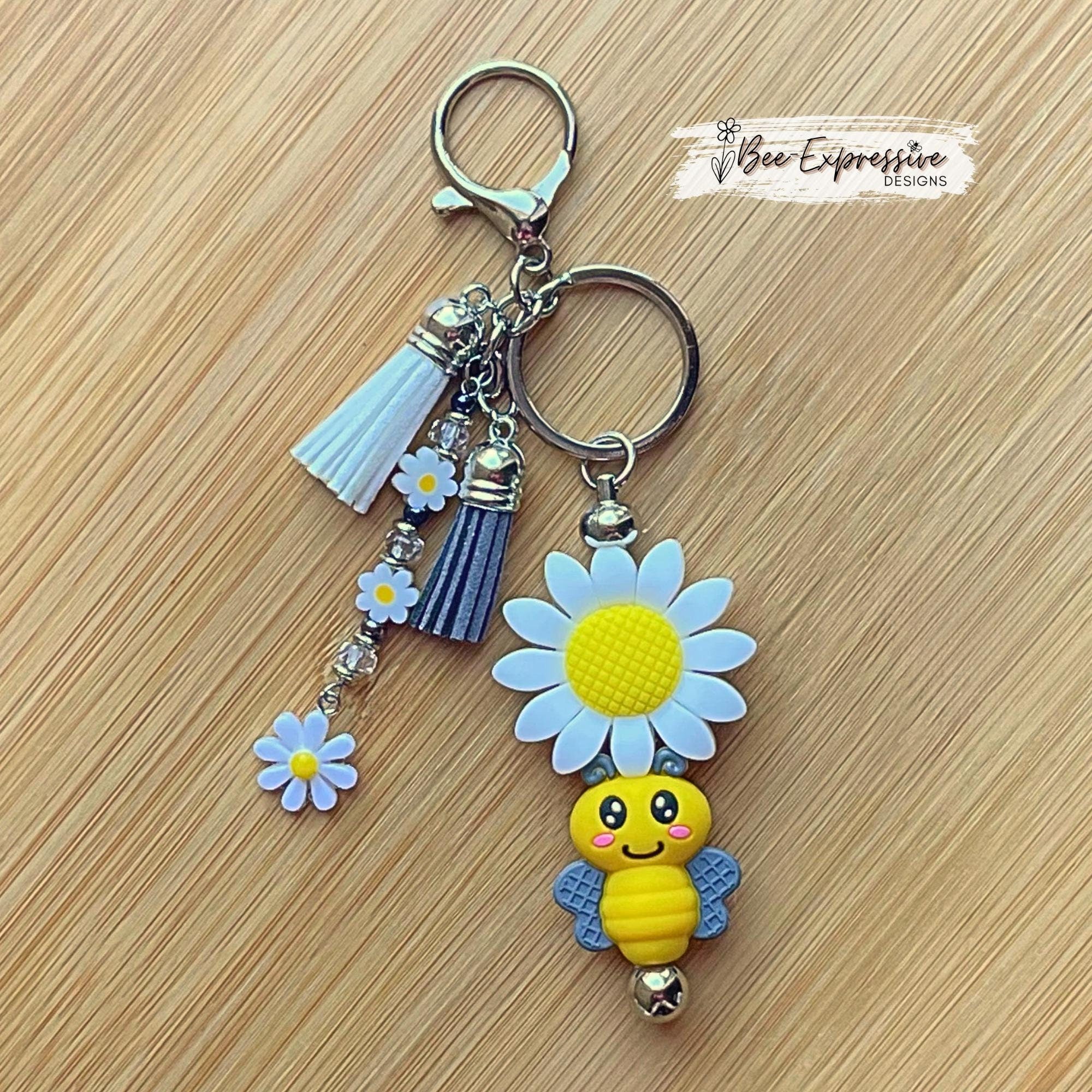 Handmade Bumblebee and Daisy Keychain: Beaded Tassel, Swivel Clasp