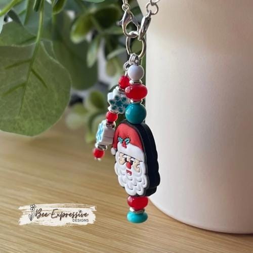 Handmade, unique SANTA CLAUS Christmas tumbler charm chain! Acrylic, glass, silicone beads, spacers, beaded tassel with clay snowflake beads