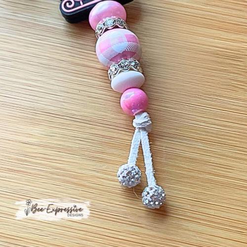 Handmade, pink SANTA SLEIGH keychain! Lobster or swivel clasp, suede cord, gingham bead, rhinestone spacers, snowflake, beaded tassel, charm