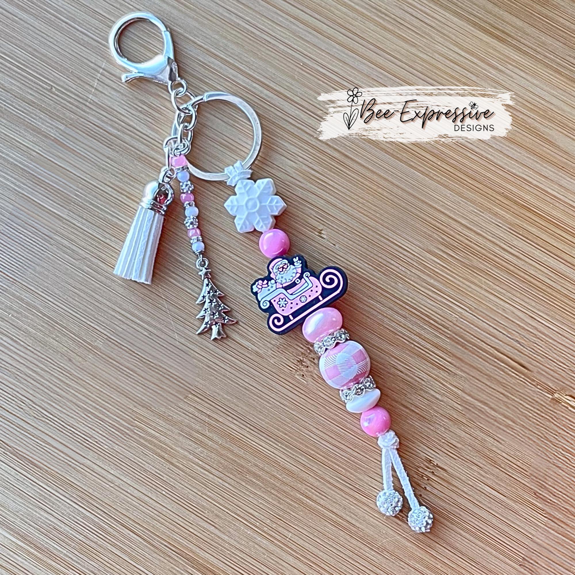 Handmade Pink Santa Sleigh Keychain: Beaded Christmas Charm