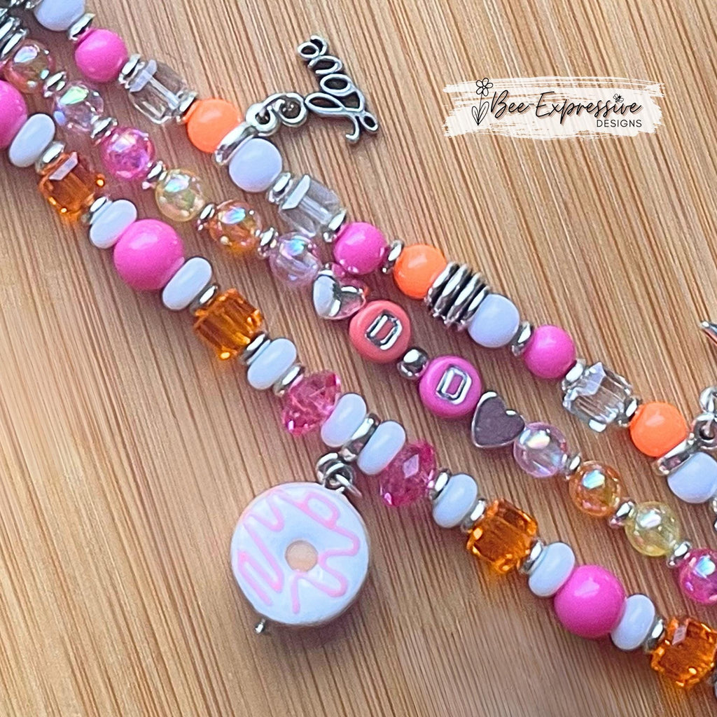 DONUT DD watch bracelet! Beaded, unique, 3 charms, acrylic and glass beads, spacers, custom sizes and pick your adapter color!
