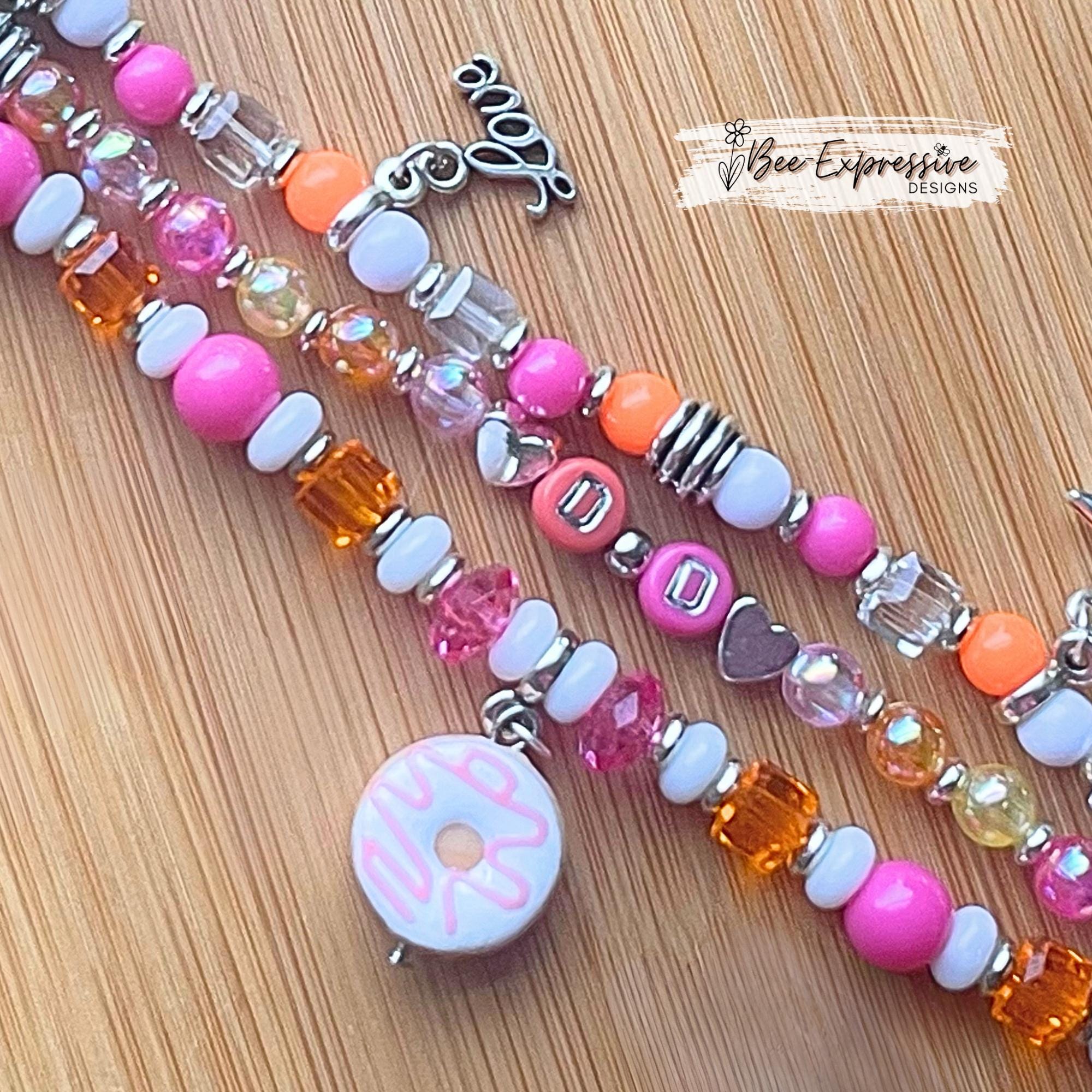 DONUT DD watch bracelet! Beaded, unique, 3 charms, acrylic and glass beads, spacers, custom sizes and pick your adapter color!