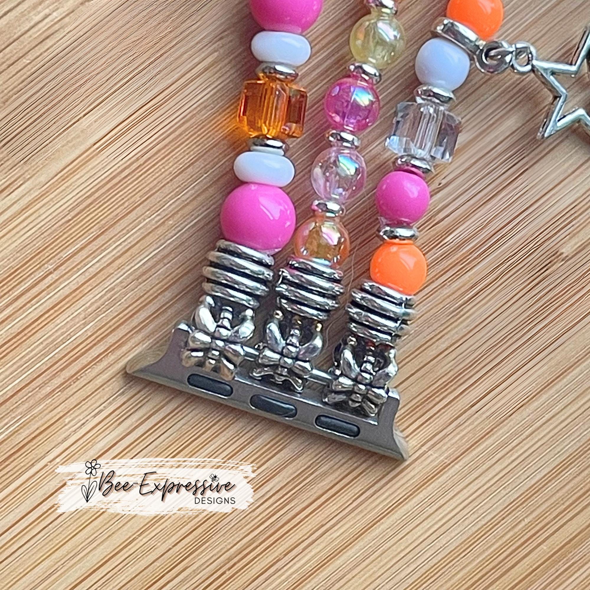 DONUT DD watch bracelet! Beaded, unique, 3 charms, acrylic and glass beads, spacers, custom sizes and pick your adapter color!