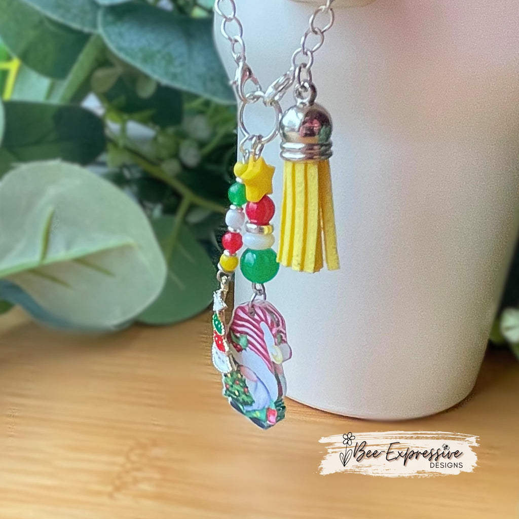 Beaded, Christmas gnome, tumbler charm! Acrylic beads with spacers, a star, beaded tassel with Christmas tree charm, suede tassel