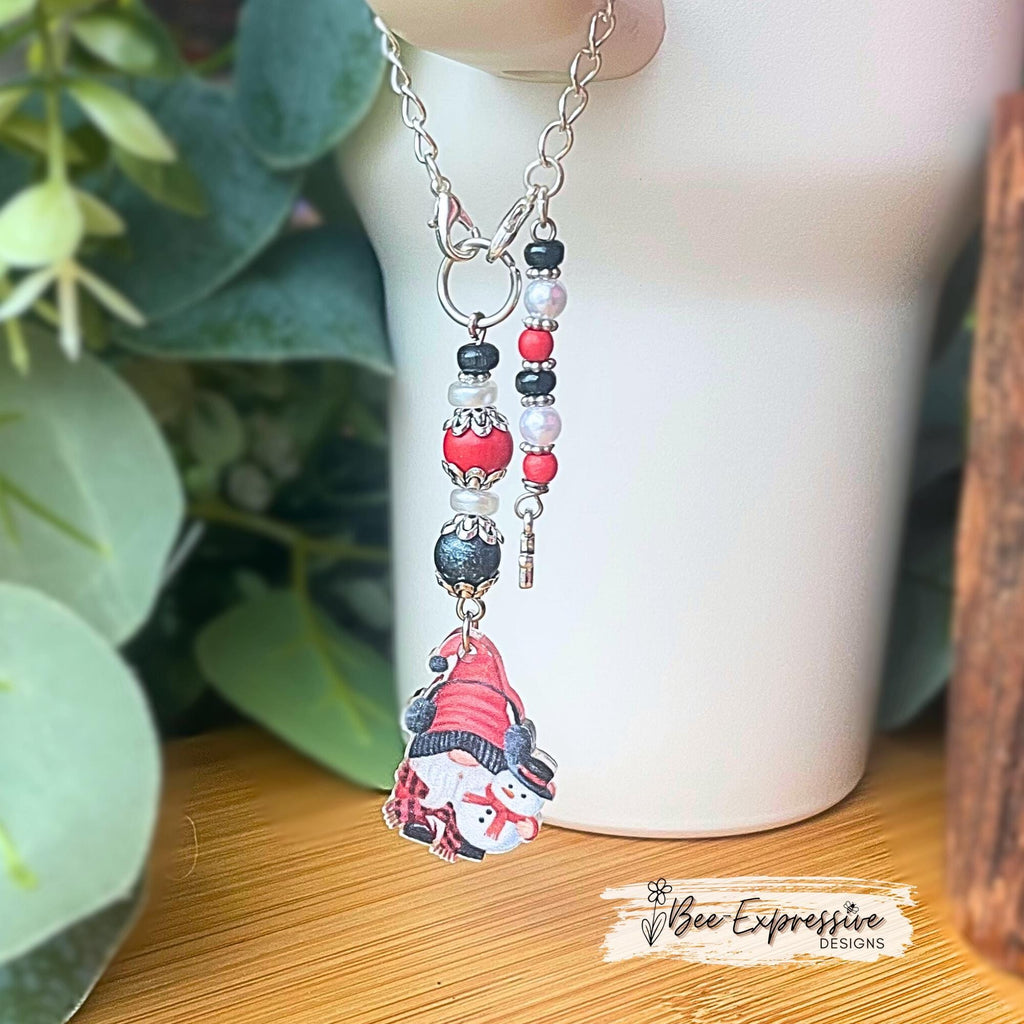 Beaded, CHRISTMAS GNOME, tumbler charm chain! Handmade, acrylic & wood beads, pearl spacers, bead caps, beaded tassel with a cross charm