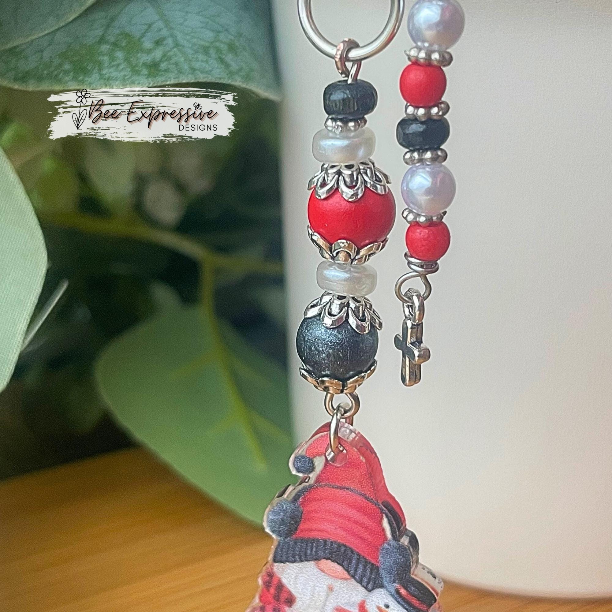 Christmas Gnome Tumbler Charm, Beaded Tassel, Cross Charm