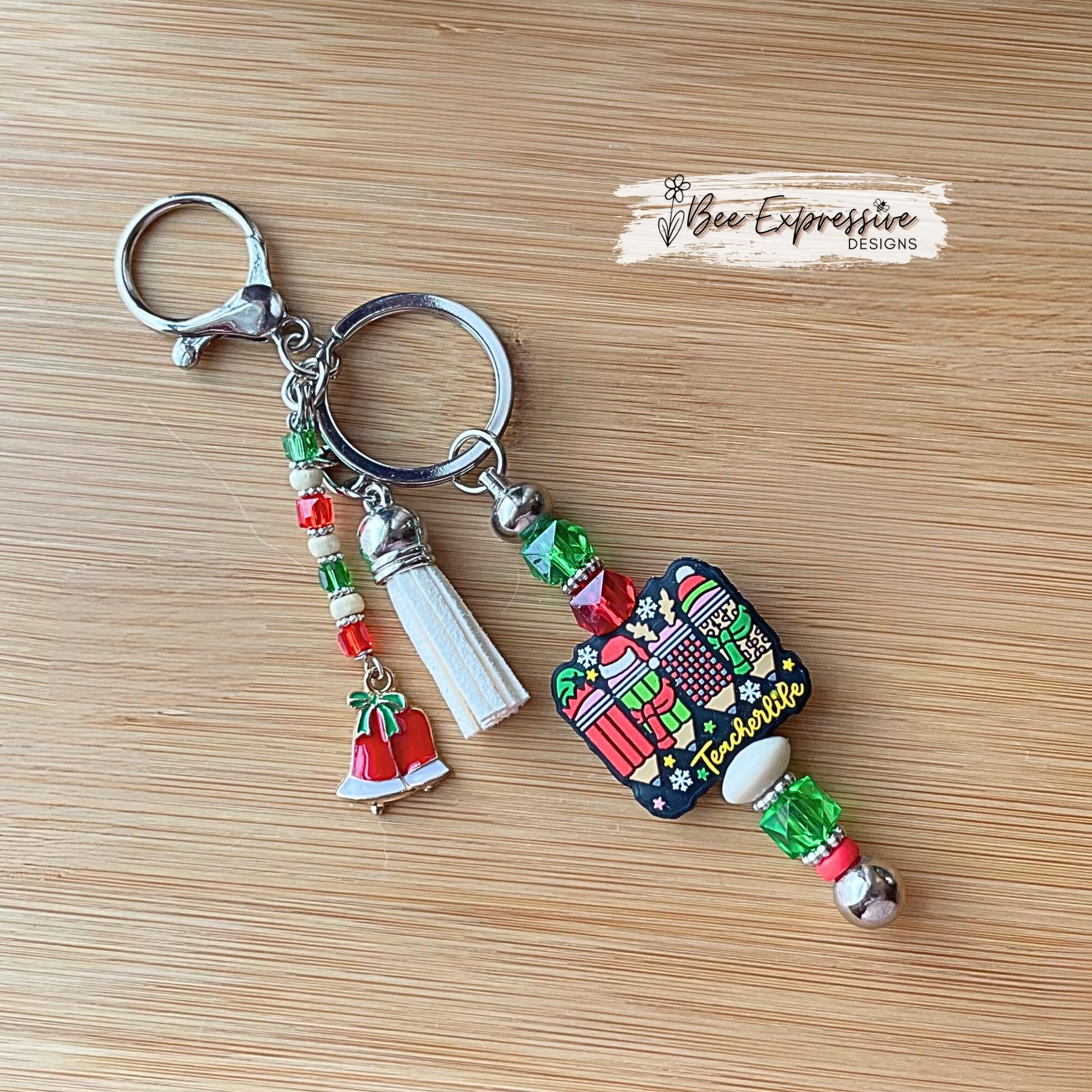 Handmade Teacher Christmas Keychain: Snowflake, Tree Charm & Beaded Tassel