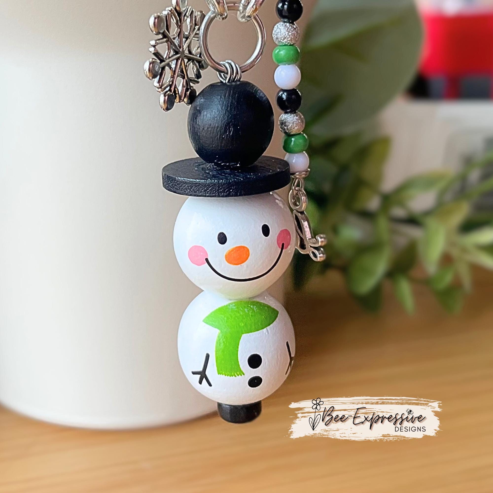 Snowman tumbler charm! Handmade, wood beaded snowman and hat, snowflake charm, beaded tassel with LOVE Charm!