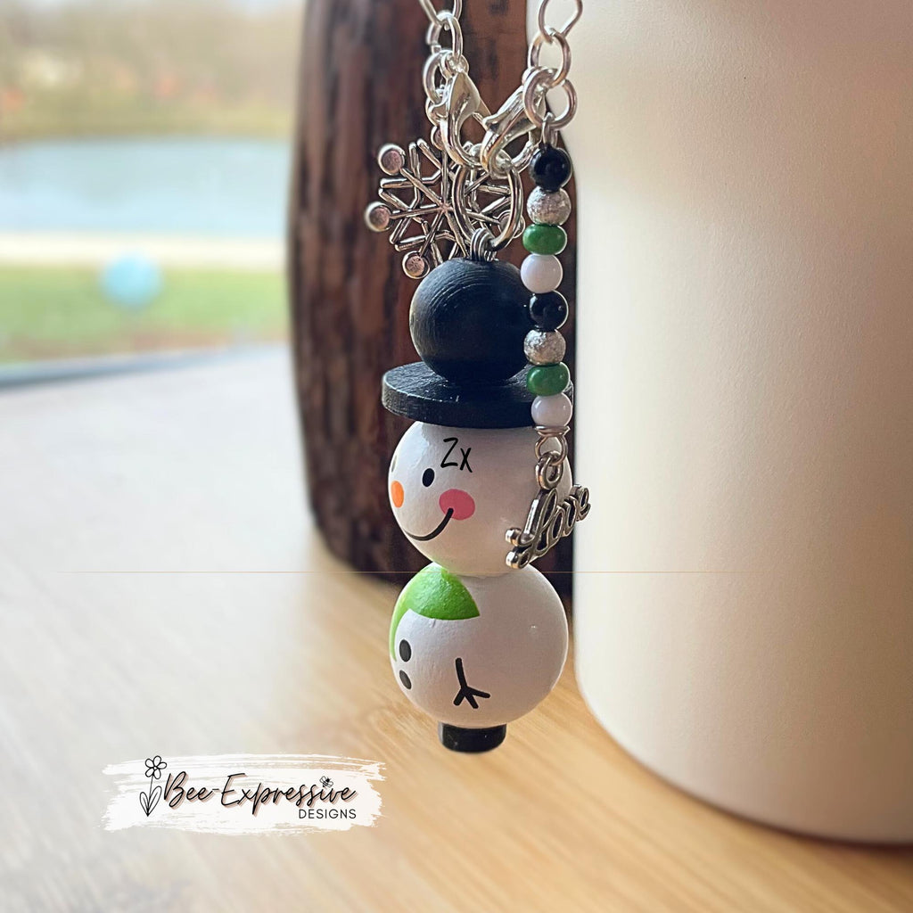Snowman tumbler charm! Handmade, wood beaded snowman and hat, snowflake charm, beaded tassel with LOVE Charm!