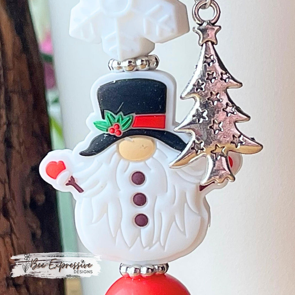 Winter GNOME, tumbler charm chain! Chain on a bead bar, silicone snowflake, spacers, acrylic beaded tassel with metal Christmas tree charm!