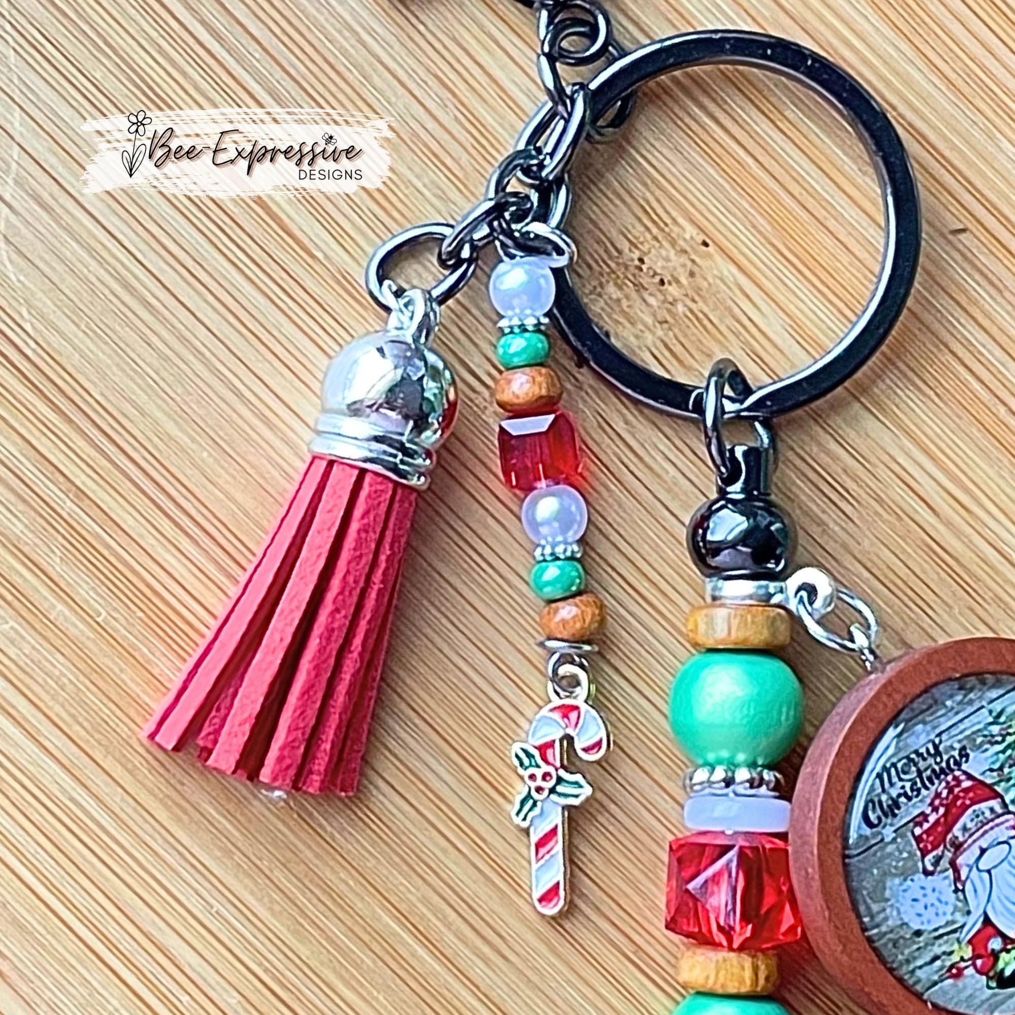 Santa GNOME, cabochon, keychain! Lobster or swivel clasp, bead bar, acrylic & wood beads, beaded tassel, with candy cane charm!