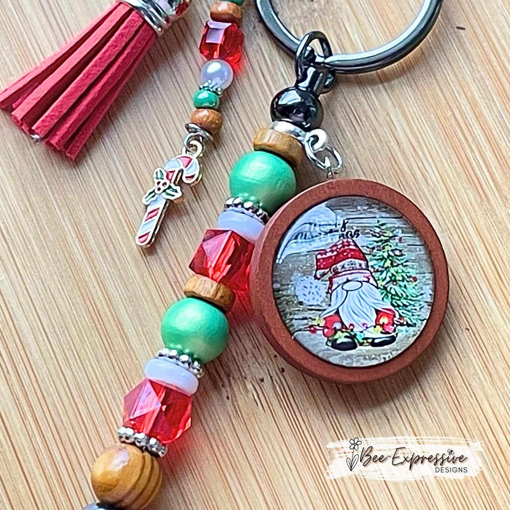 Santa GNOME, cabochon, keychain! Lobster or swivel clasp, bead bar, acrylic & wood beads, beaded tassel, with candy cane charm!