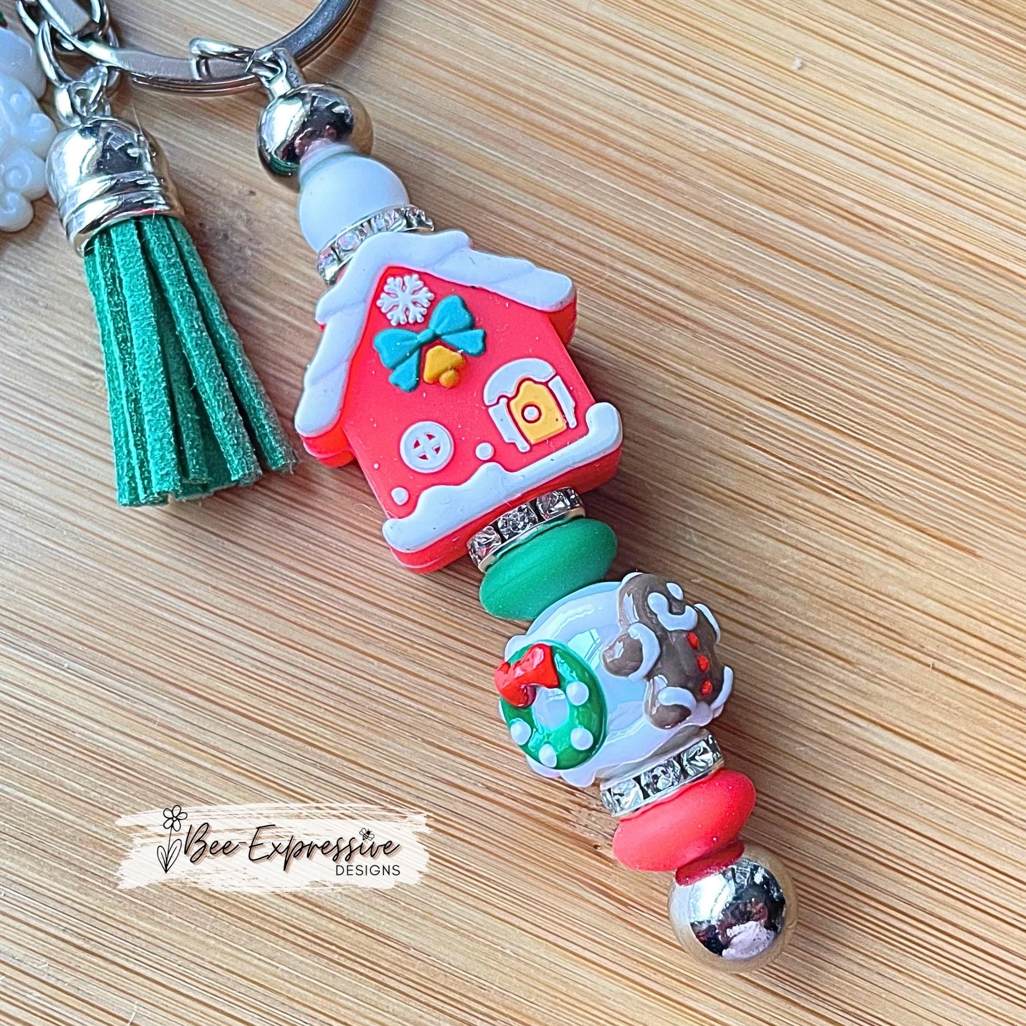 GINGERBREAD house keychain! Lobster or swivel clasp, metal bar, lampwork bead, rhinestone spacers, beaded tassel with acrylic Santa charm!