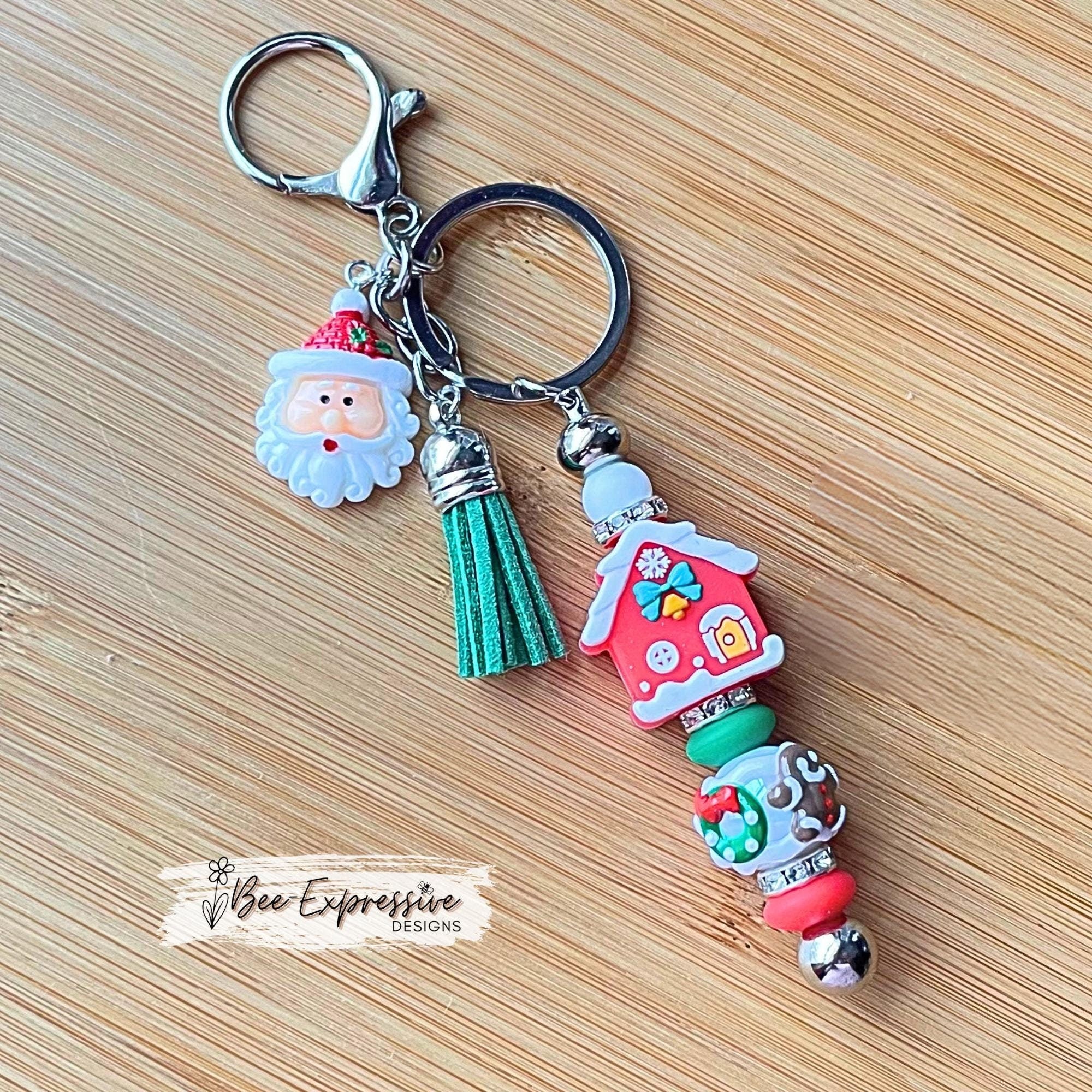 GINGERBREAD house keychain! Lobster or swivel clasp, metal bar, lampwork bead, rhinestone spacers, beaded tassel with acrylic Santa charm!