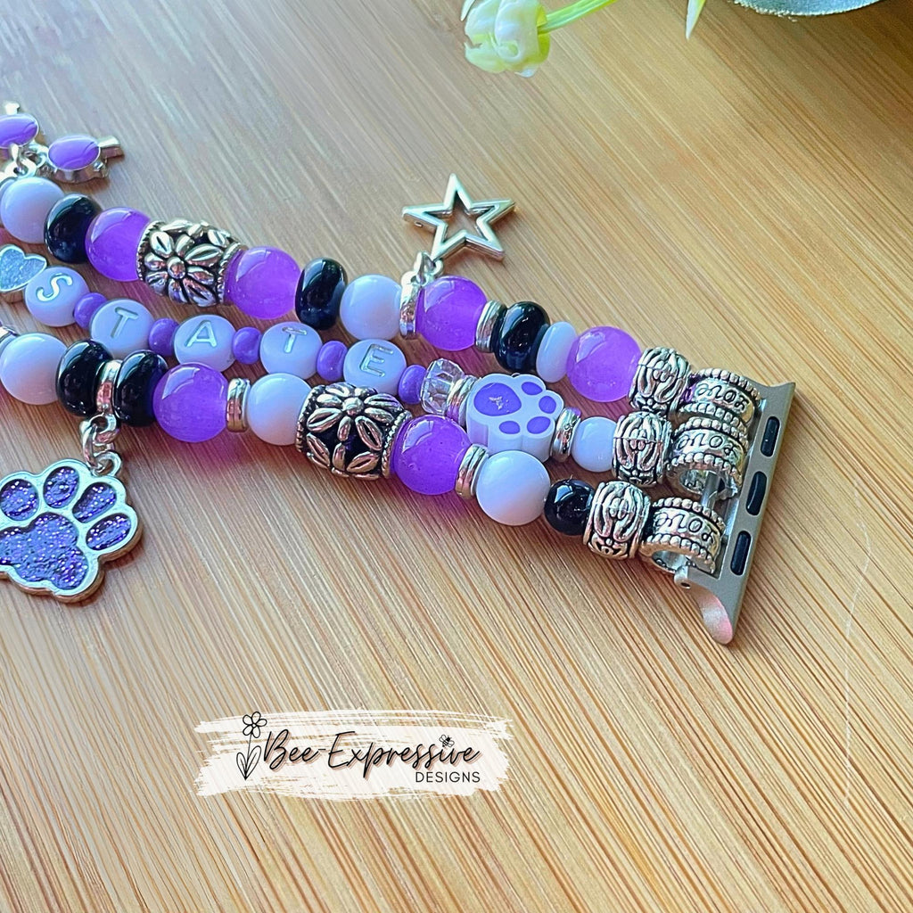Beautiful, K-STATE inspired, beaded watch band! Acrylic beads, star, purple sunglasses, cat paw charms, paw beads, custom, choose adapter!