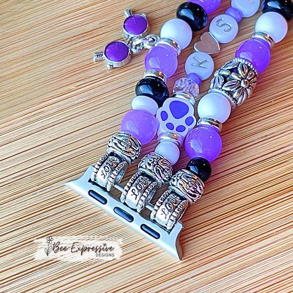 K-STATE Beaded Apple Watch Band: Purple Paw Charms, Custom Fit