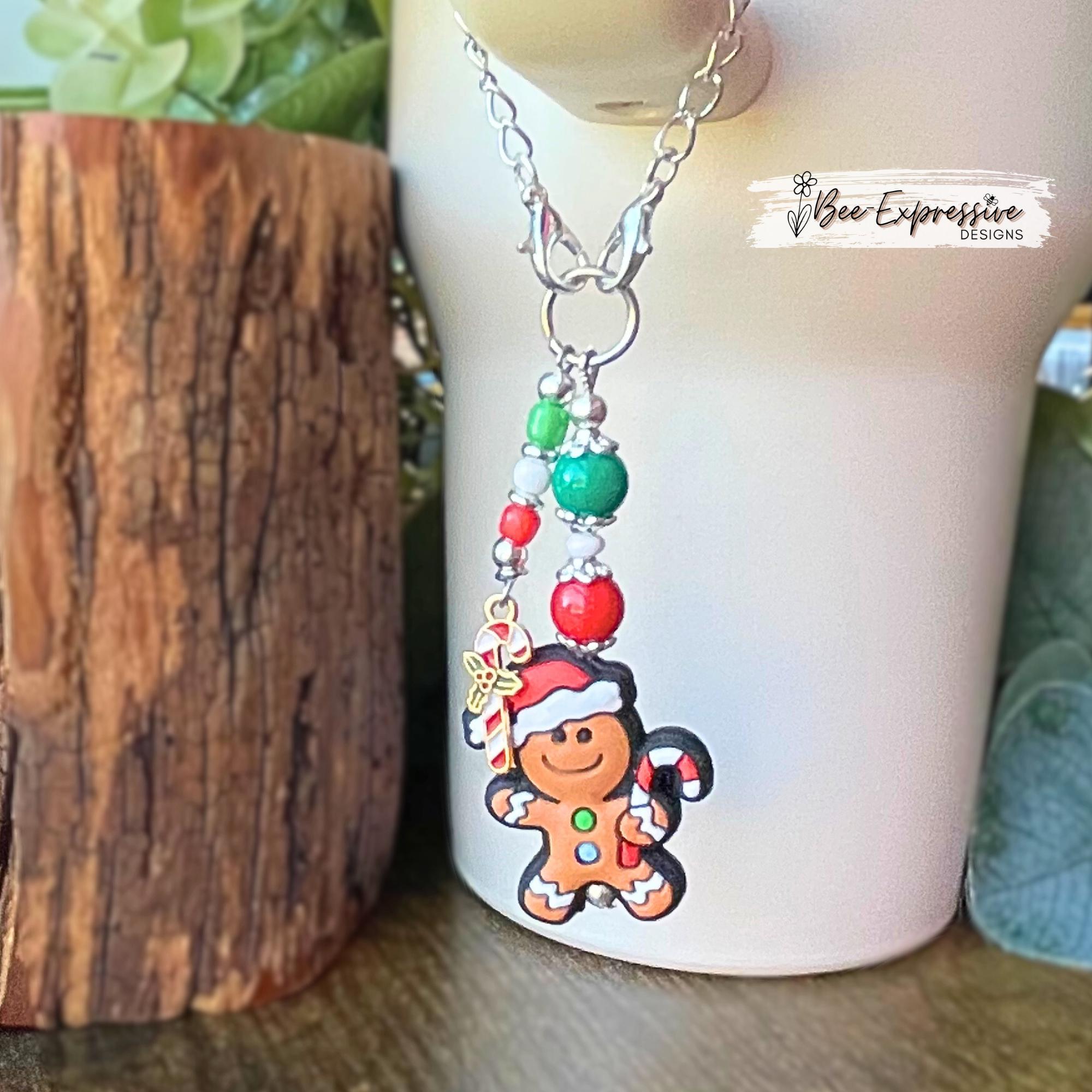 Handmade, unique GINGERBREAD man Christmas tumbler charm chain! Acrylic & silicone beads, floral bead caps, beaded tassel, candy cane charm!