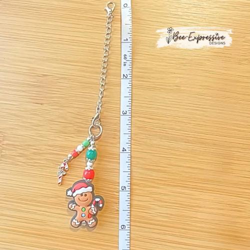 Handmade, unique GINGERBREAD man Christmas tumbler charm chain! Acrylic & silicone beads, floral bead caps, beaded tassel, candy cane charm!