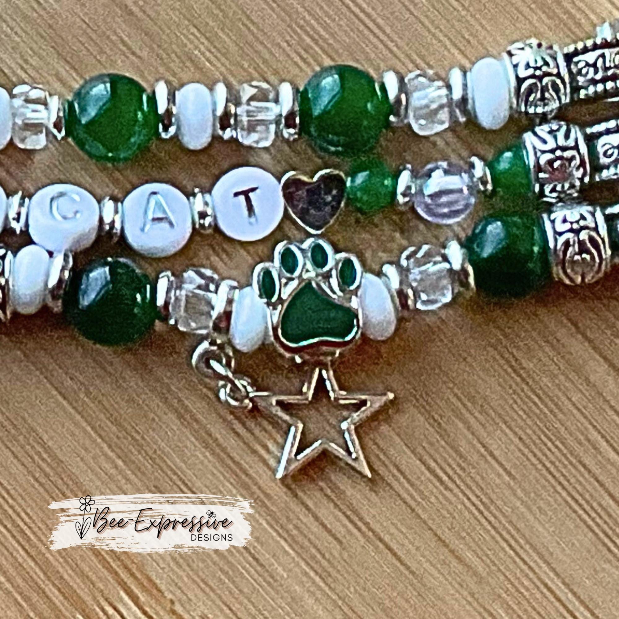 NWMSU, beaded, watch bracelet, band! Acrylic beads, letters, cat paw beads, star heart charms, custom colors and sizes, pick adapter colors