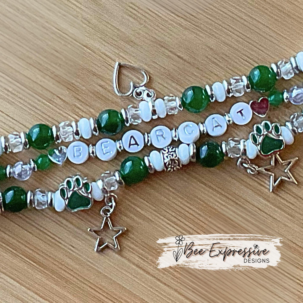 NWMSU, beaded, watch bracelet, band! Acrylic beads, letters, cat paw beads, star heart charms, custom colors and sizes, pick adapter colors