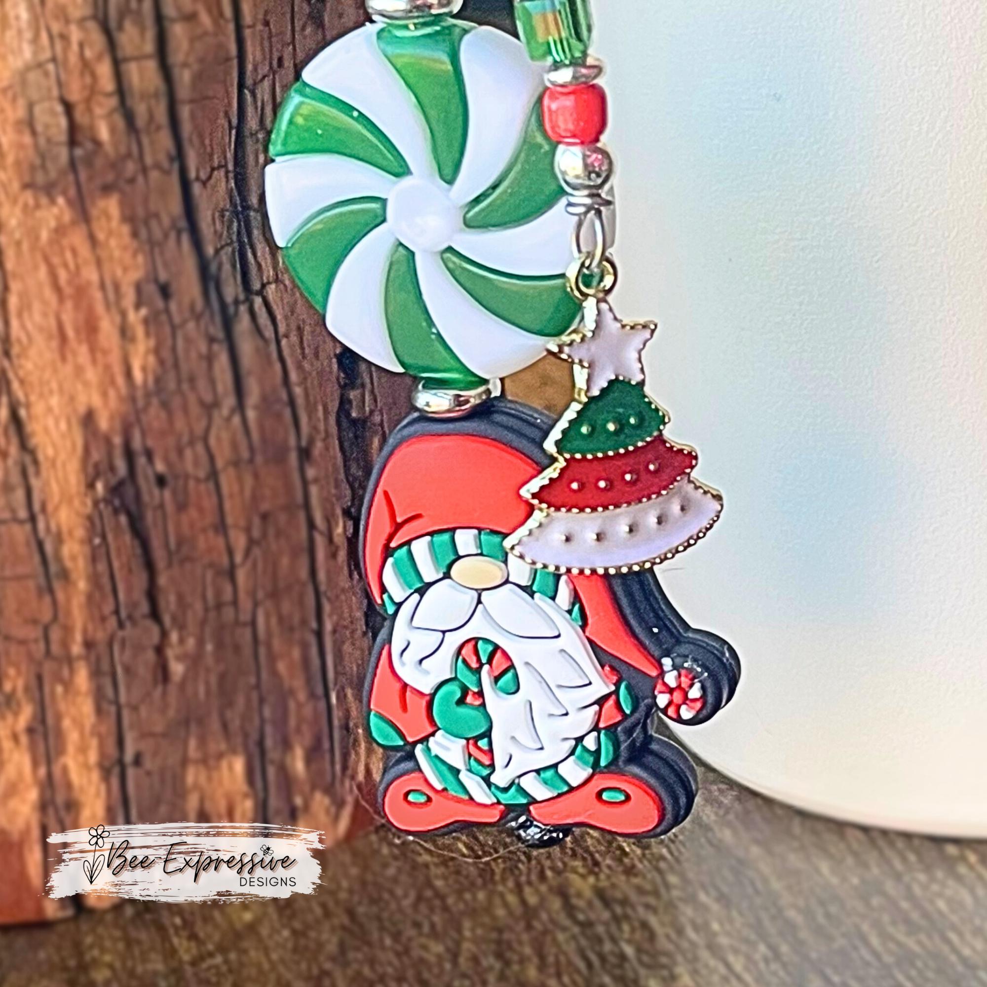 Handmade, unique, beaded SANTA CLAUSE GNOME, tumbler charm chain! Acrylic beads, Peppermint candy, beaded tassel with Christmas tree charm!