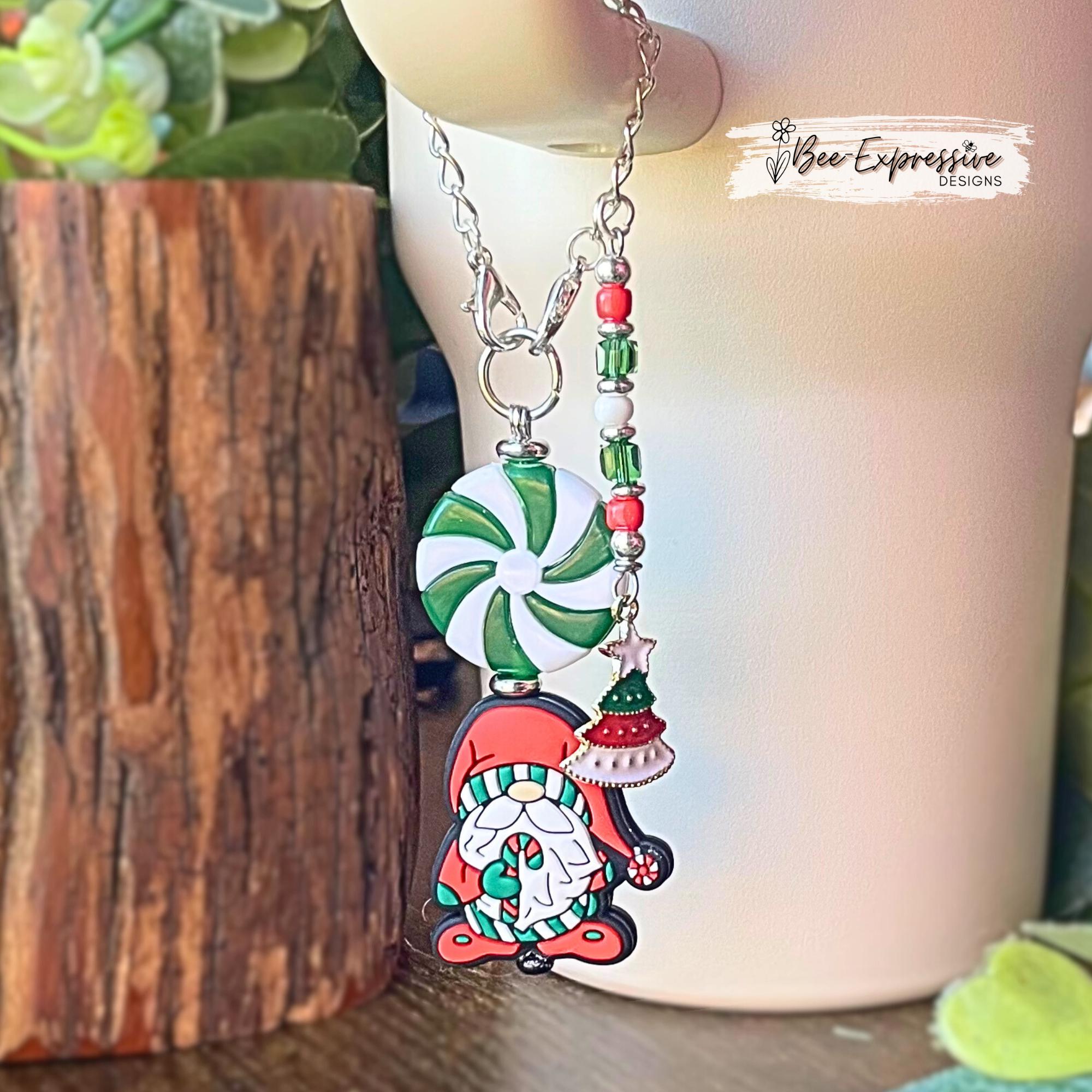 Handmade, unique, beaded SANTA CLAUSE GNOME, tumbler charm chain! Acrylic beads, Peppermint candy, beaded tassel with Christmas tree charm!