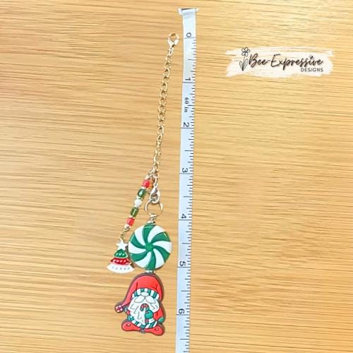 Handmade, unique, beaded SANTA CLAUSE GNOME, tumbler charm chain! Acrylic beads, Peppermint candy, beaded tassel with Christmas tree charm!