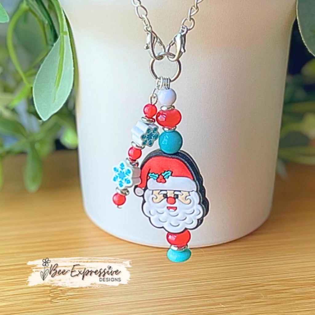 Handmade, unique SANTA CLAUS Christmas tumbler charm chain! Acrylic, glass, silicone beads, spacers, beaded tassel with clay snowflake beads