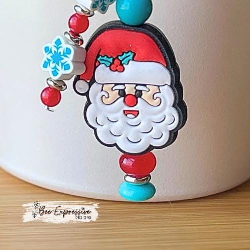 Handmade, unique SANTA CLAUS Christmas tumbler charm chain! Acrylic, glass, silicone beads, spacers, beaded tassel with clay snowflake beads