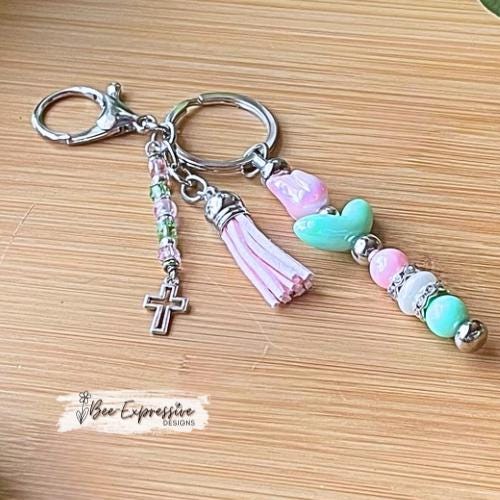 Beautiful, handmade TULIP keychain with iridescent beads! Lobster or swivel clasp, rhinestone spacers, beaded tassel with metal cross charm!