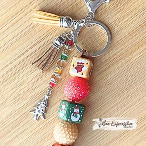 Handmade, chunky CHRISTMAS, beaded snowman keychain! Lobster or swivel clasp, suede cord, printed wood beads, beaded tassel with tree charm!