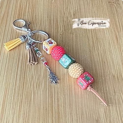 Handmade, chunky CHRISTMAS, beaded snowman keychain! Lobster or swivel clasp, suede cord, printed wood beads, beaded tassel with tree charm!