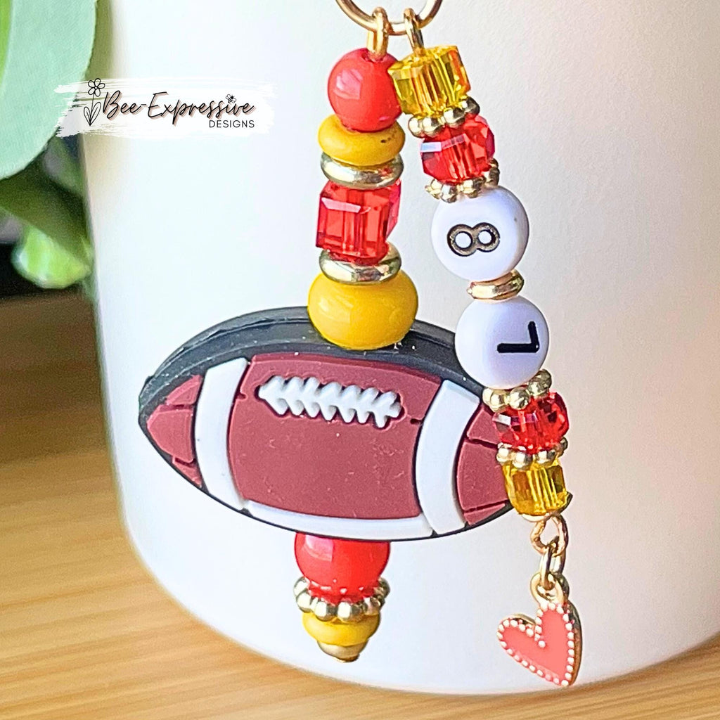 Handmade, beaded, KC FOOTBALL tumbler charm chain! Silicone football bead, acrylic, spacers, pick your jersey number and/or other colors!