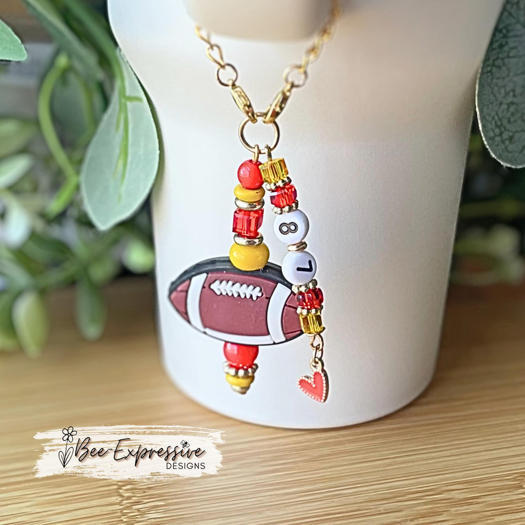 Handmade, beaded, KC FOOTBALL tumbler charm chain! Silicone football bead, acrylic, spacers, pick your jersey number and/or other colors!