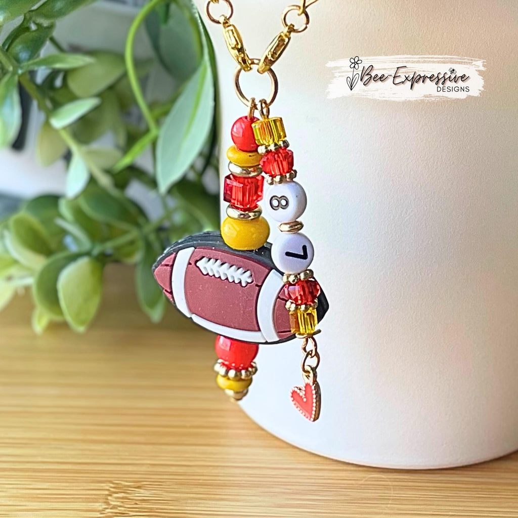 Handmade, beaded, KC FOOTBALL tumbler charm chain! Silicone football bead, acrylic, spacers, pick your jersey number and/or other colors!
