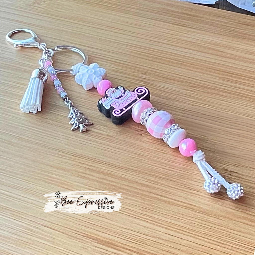 Handmade, pink SANTA SLEIGH keychain! Lobster or swivel clasp, suede cord, gingham bead, rhinestone spacers, snowflake, beaded tassel, charm