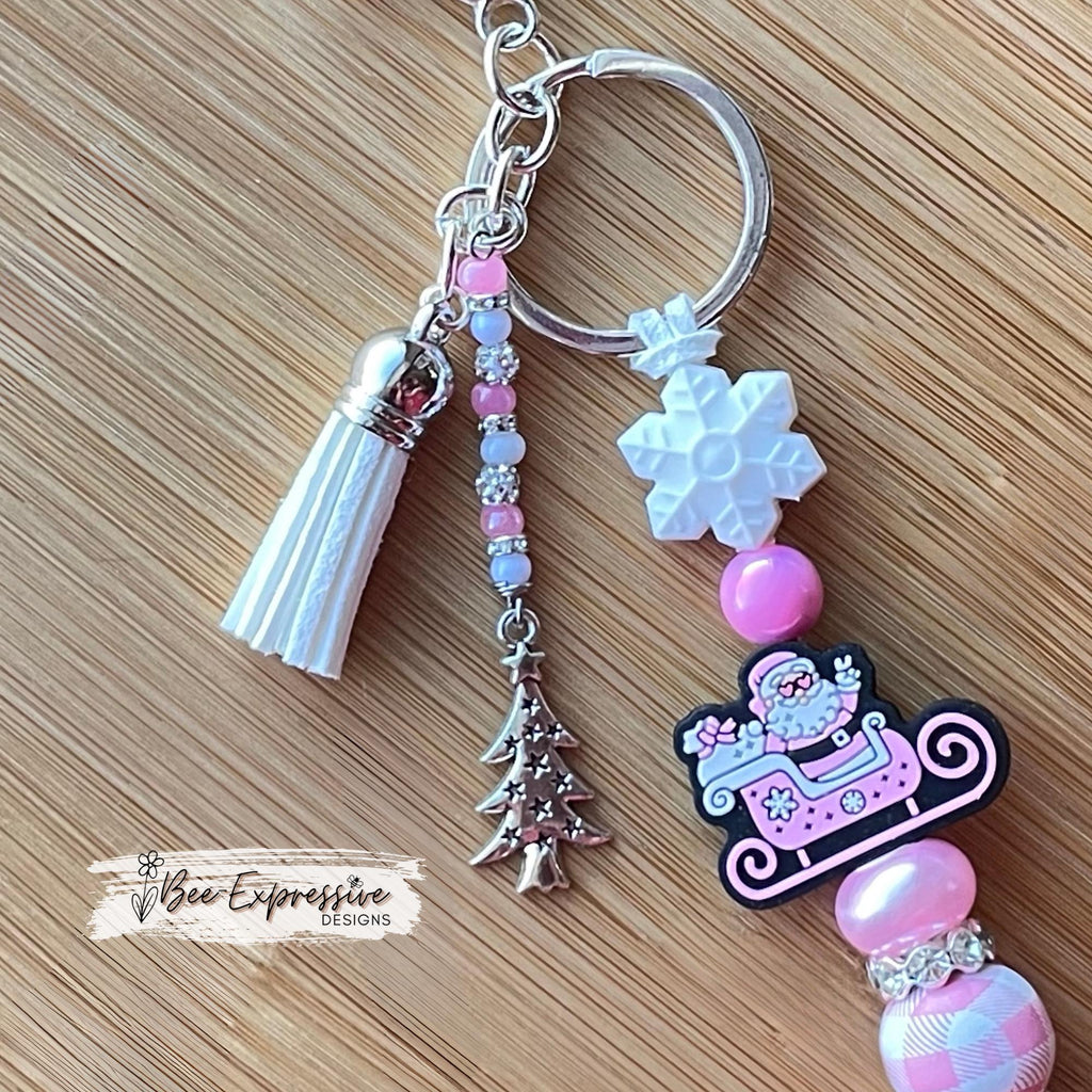 Handmade, pink SANTA SLEIGH keychain! Lobster or swivel clasp, suede cord, gingham bead, rhinestone spacers, snowflake, beaded tassel, charm
