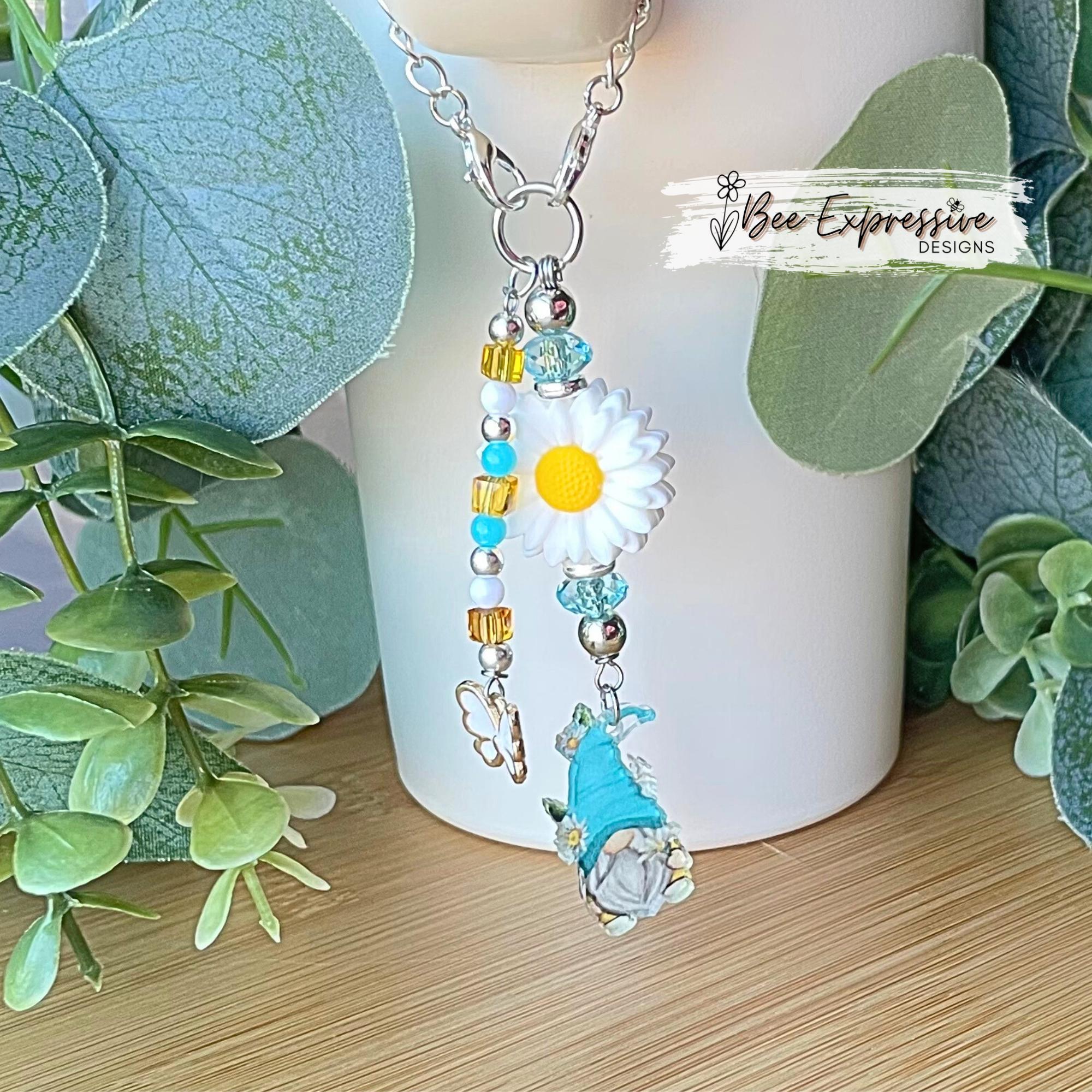 Beaded Tumbler Charm: Acrylic Gnome, Daisy Flower, Butterfly Pendant
