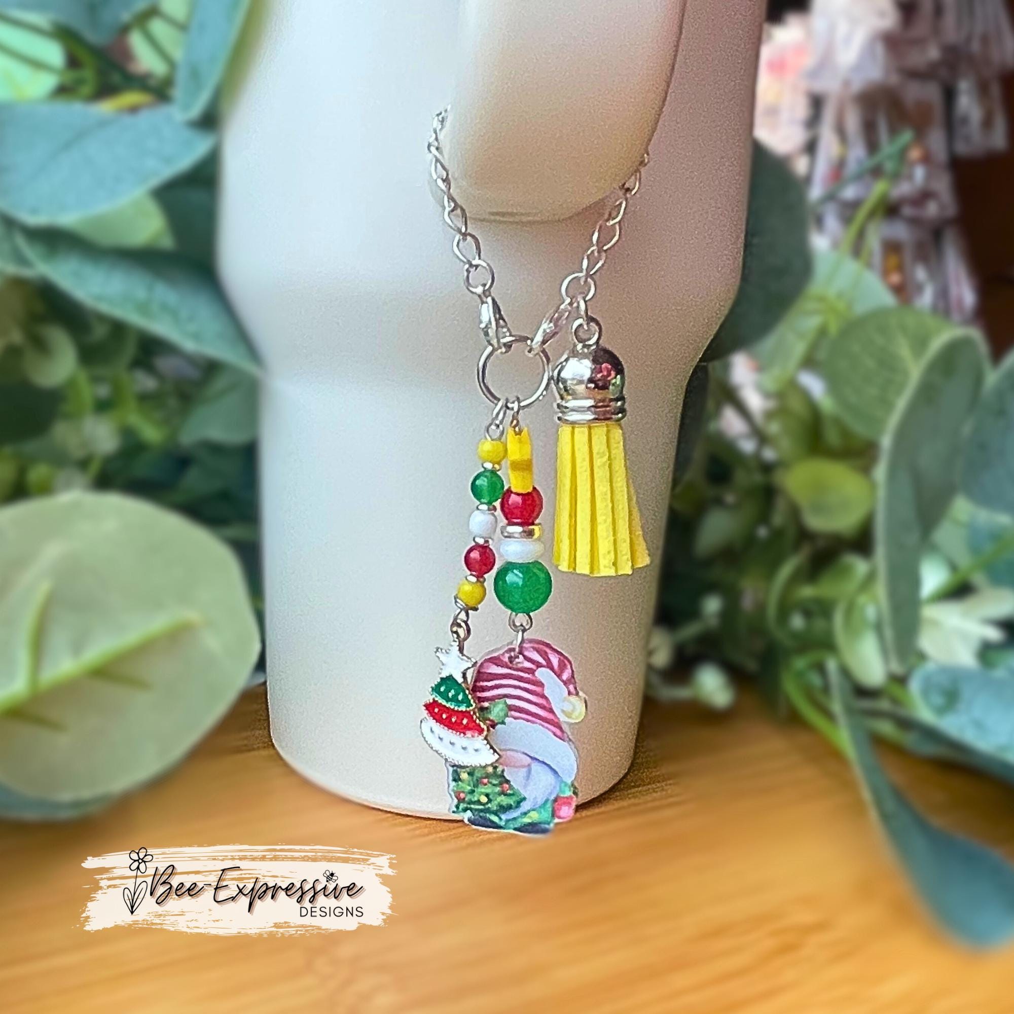 Christmas Gnome Tumbler Charm: Acrylic Beads, Suede Tassel