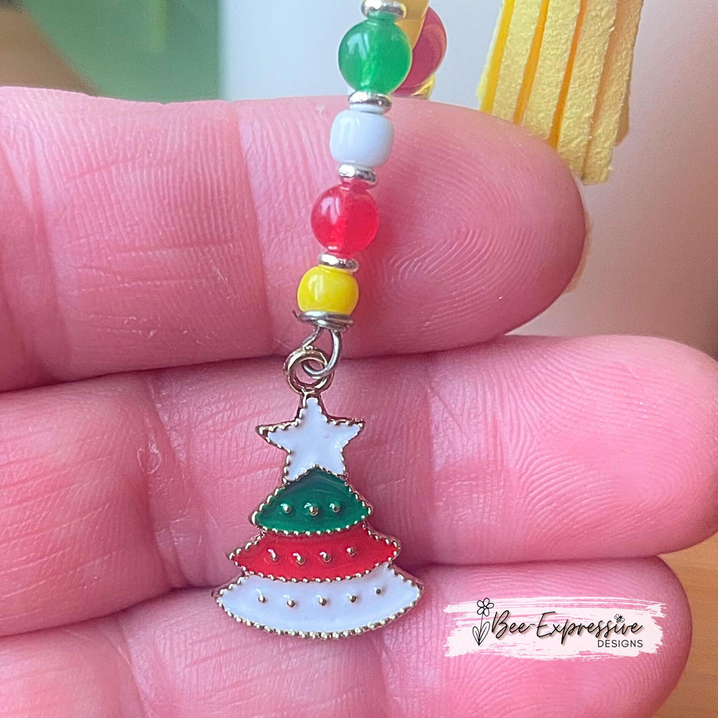 Beaded, Christmas gnome, tumbler charm! Acrylic beads with spacers, a star, beaded tassel with Christmas tree charm, suede tassel