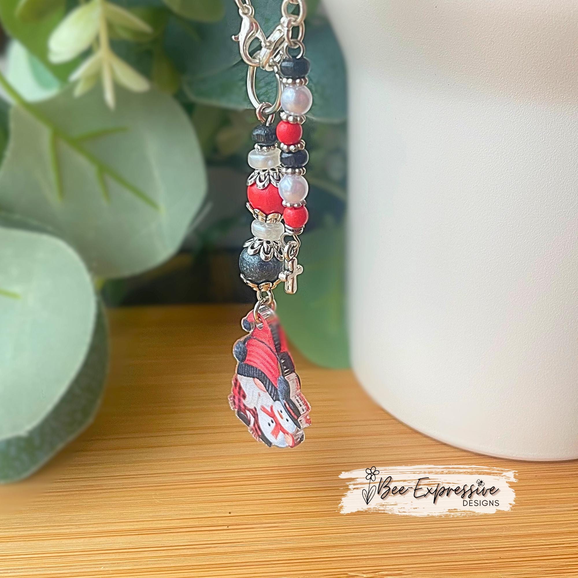 Christmas Gnome Tumbler Charm, Beaded Tassel, Cross Charm
