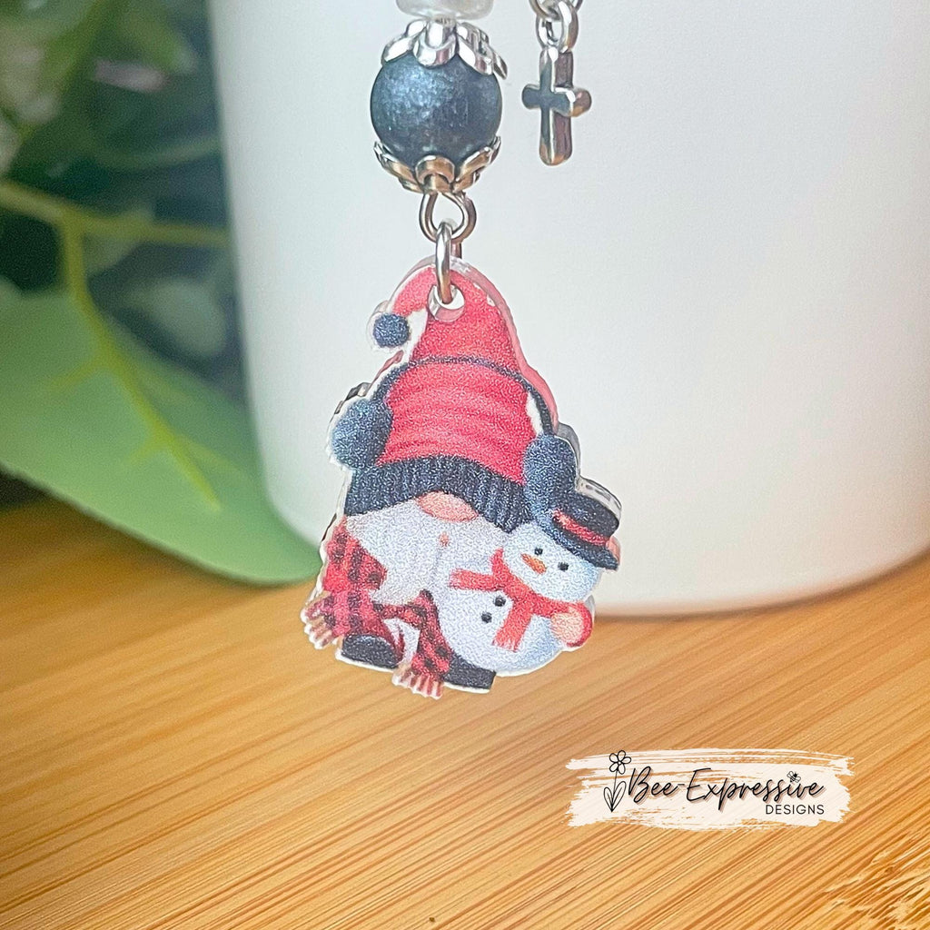 Christmas Gnome Tumbler Charm, Beaded Tassel, Cross Charm
