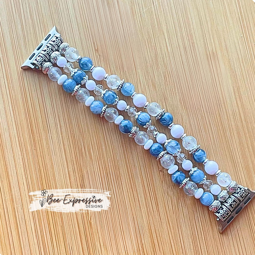 Beaded Apple Watch Bracelet, Blue White Silver, Custom Size