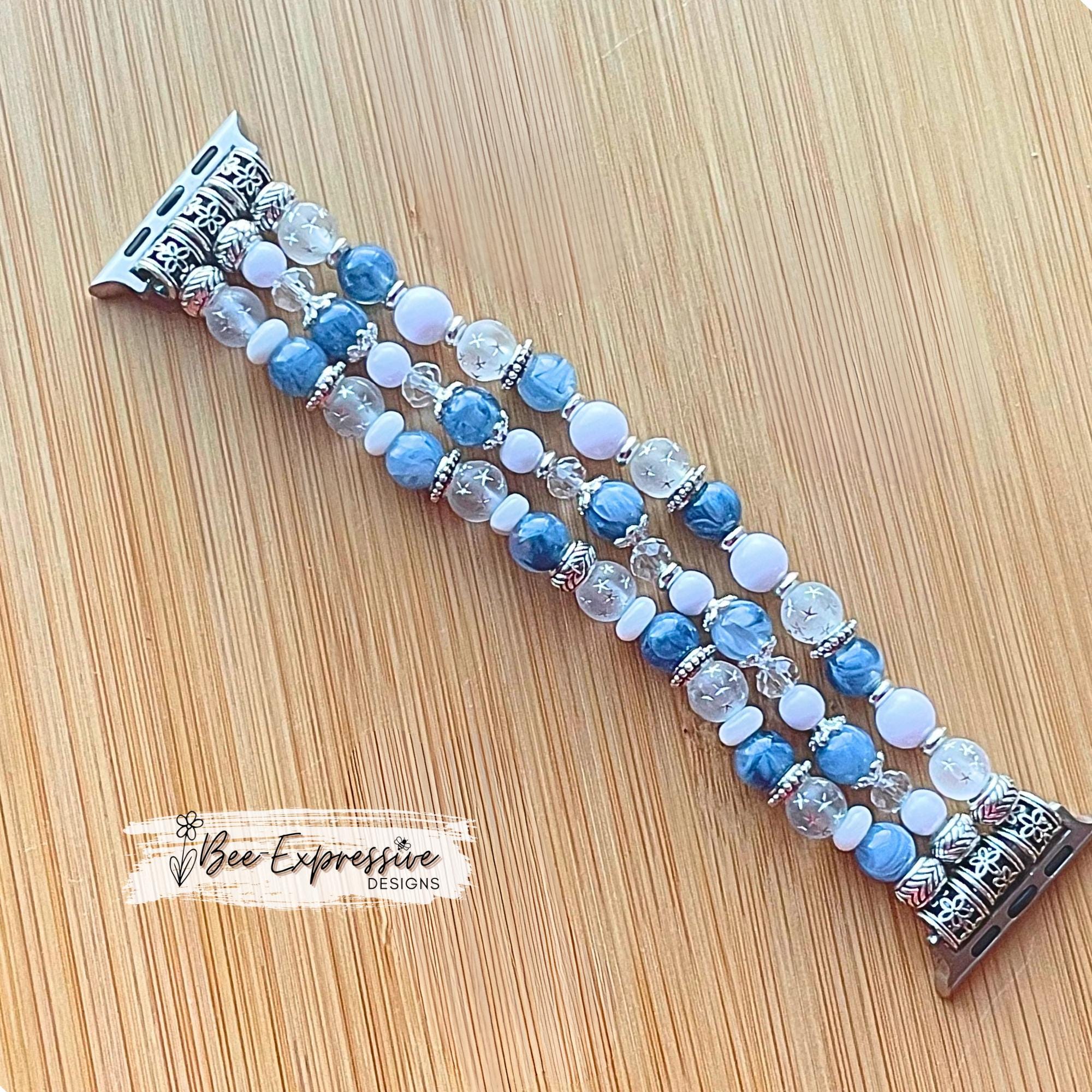 Beaded, baby BLUE, WHITE, SILVER acrylic beaded, watch bracelet! Acrylic & glass beads, floral bead caps, custom sizes, pick adapter color!