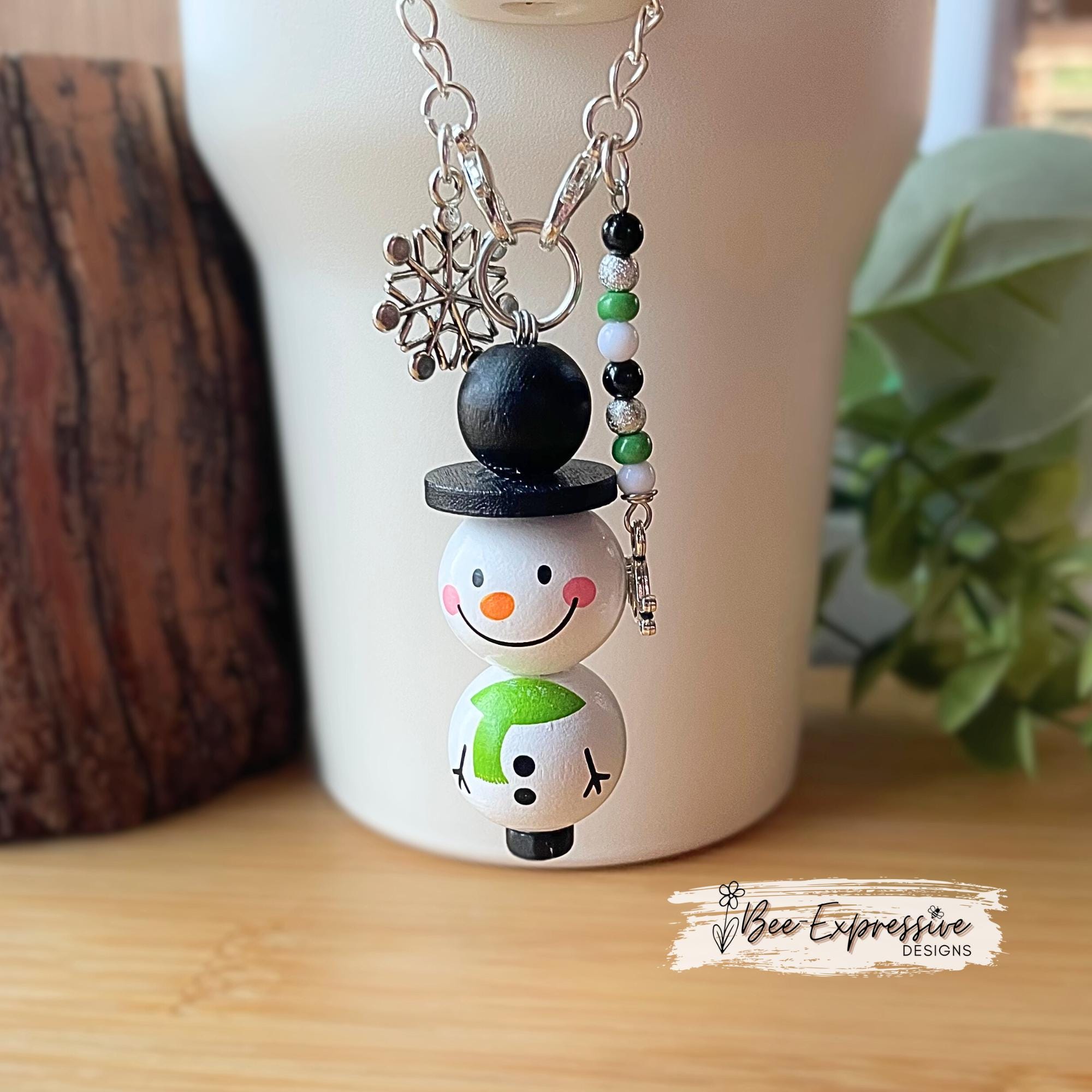 Snowman Tumbler Charm: Handmade Wood Bead Tassel with Snowflake