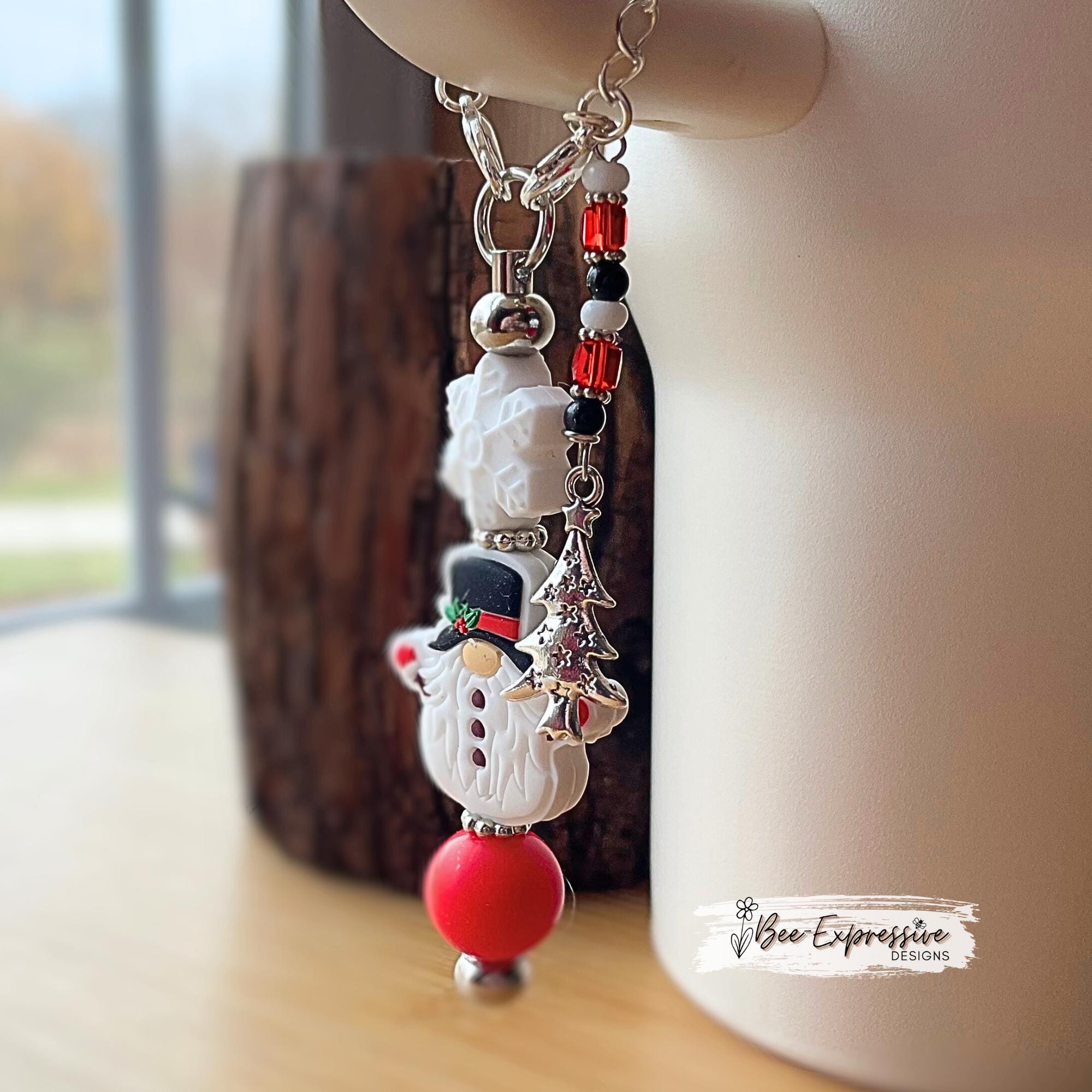 Winter GNOME, tumbler charm chain! Chain on a bead bar, silicone snowflake, spacers, acrylic beaded tassel with metal Christmas tree charm!